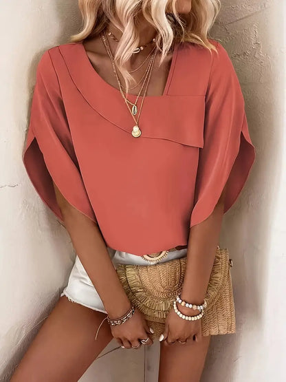 Solid Color Skew Neck Blouse